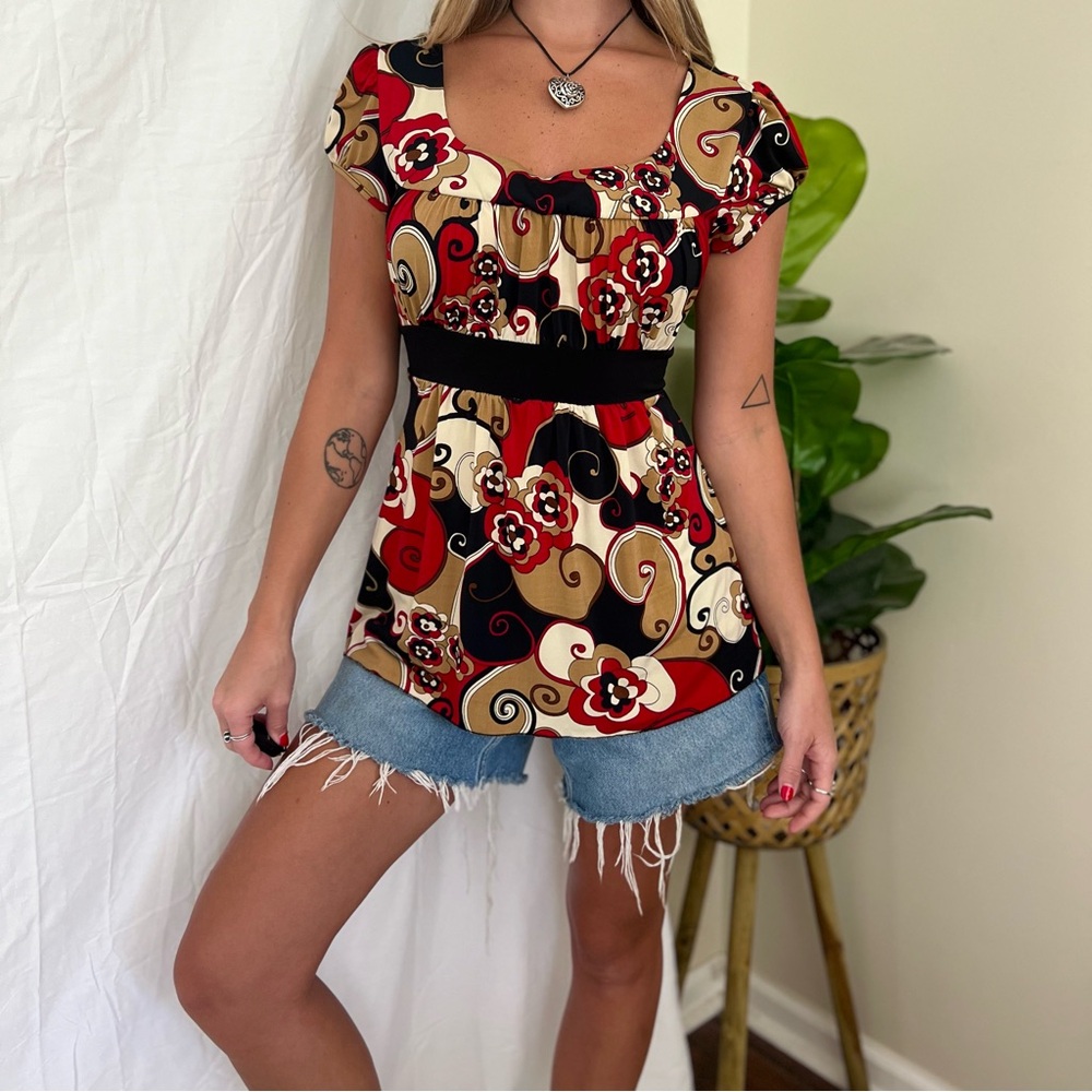 Y2K Boho Floral Tie Back Milkmaid Style Top